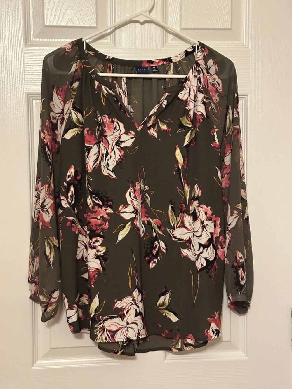 Kaari Blue Olive Floral V-Neck Blouse with Pink & White Flowers